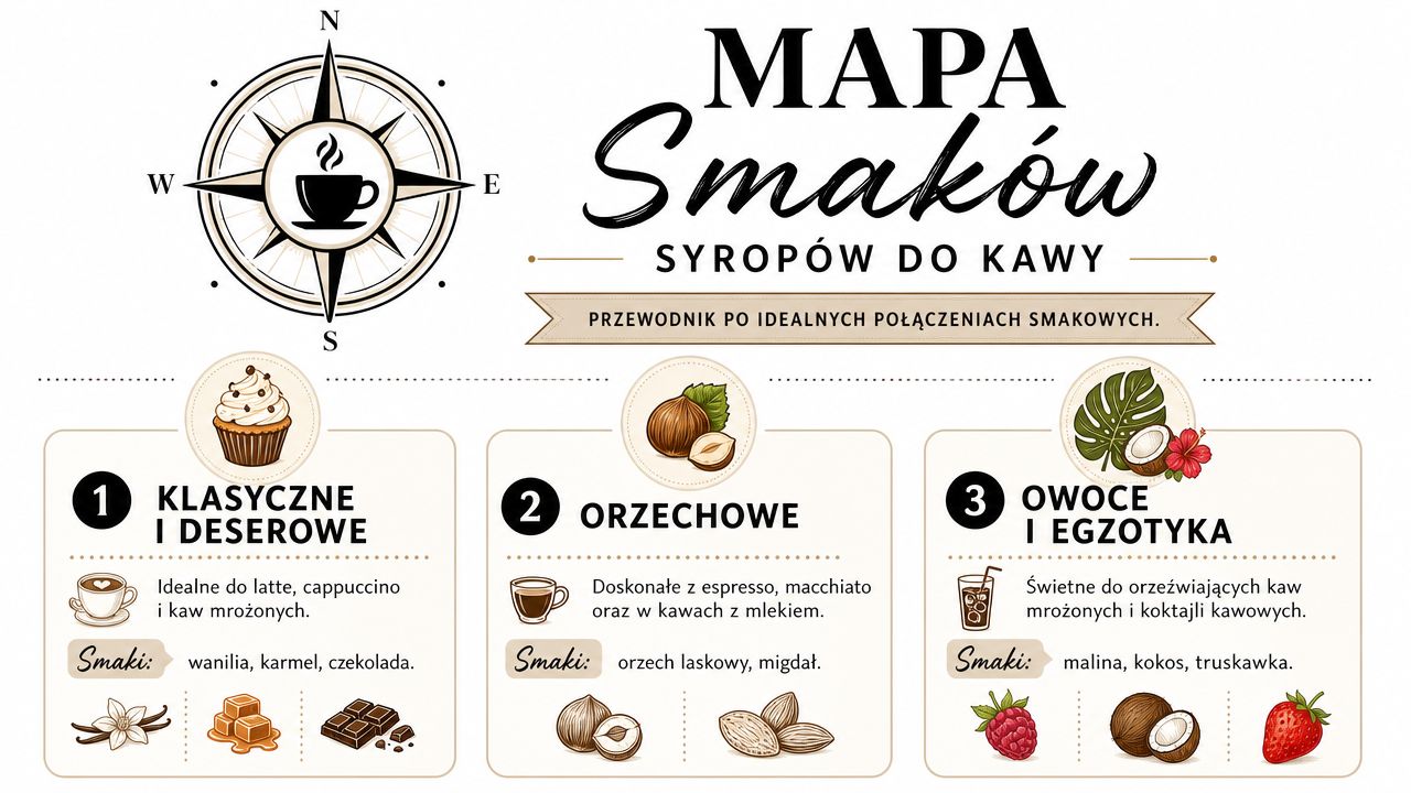 Mapa smaków syropów do kawy przedstawiająca klasyczne, orzechowe oraz owocowe połączenia dla idealnej kawy.
