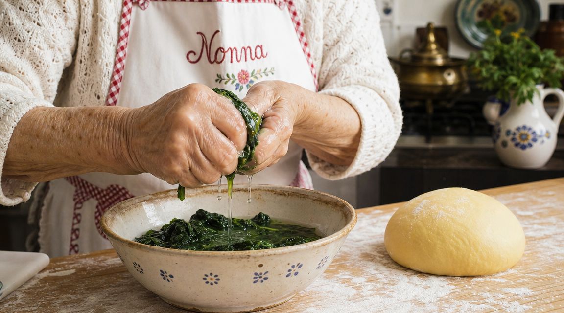 Starsza kobieta w fartuchu z napisem Nonna wyciska ugotowany szpinak w kuchni obok kuli ciasta
