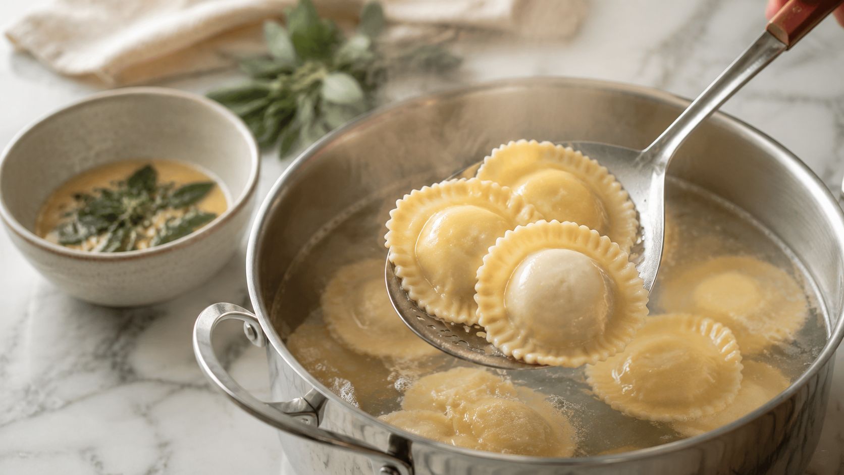 Durszlak kuchenny wyjmuje świeże ravioli z gotującej się wody w metalowym garnku na marmurowym blacie.