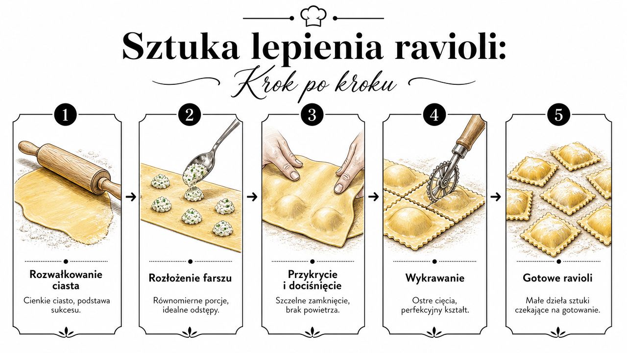 Grafika przedstawiająca pięć kroków przygotowania domowych ravioli, od rozwałkowania ciasta po wykrawanie gotowych pierożków z farszem.