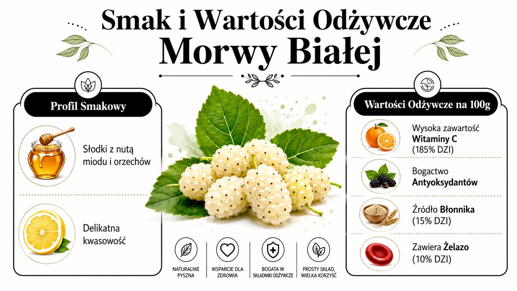 Infografika przedstawiająca profil smakowy i wartości odżywcze suszonych owoców morwy białej, w tym witaminy, błonnik oraz żelazo.